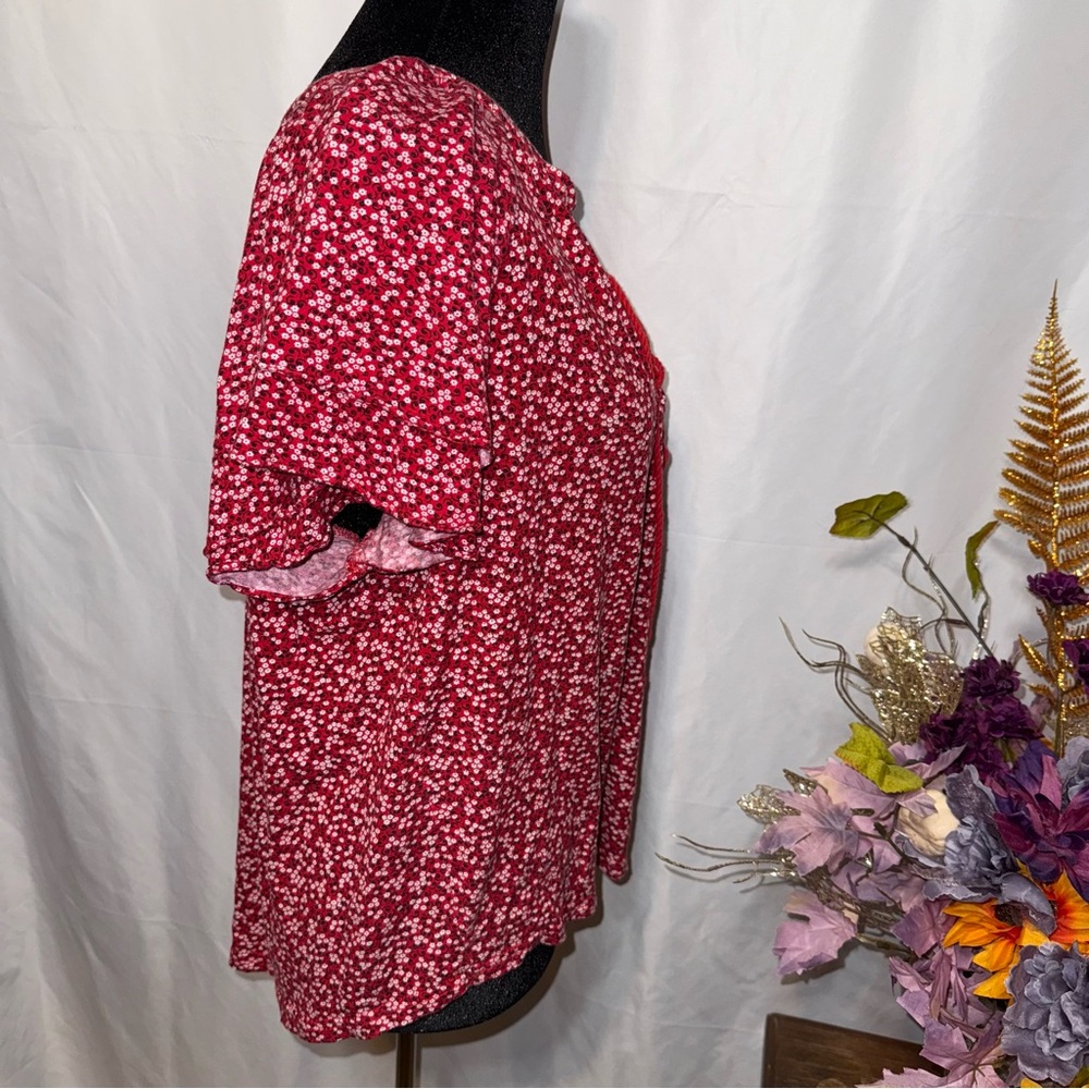 Chaps Red Floral Lace Up Peasant Blouse XL Boho Short Sleeve - Picture 4 of 7